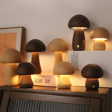 Lampe De Table Rechargeable En Bois Avec Champignons-Lampe Veilleuse